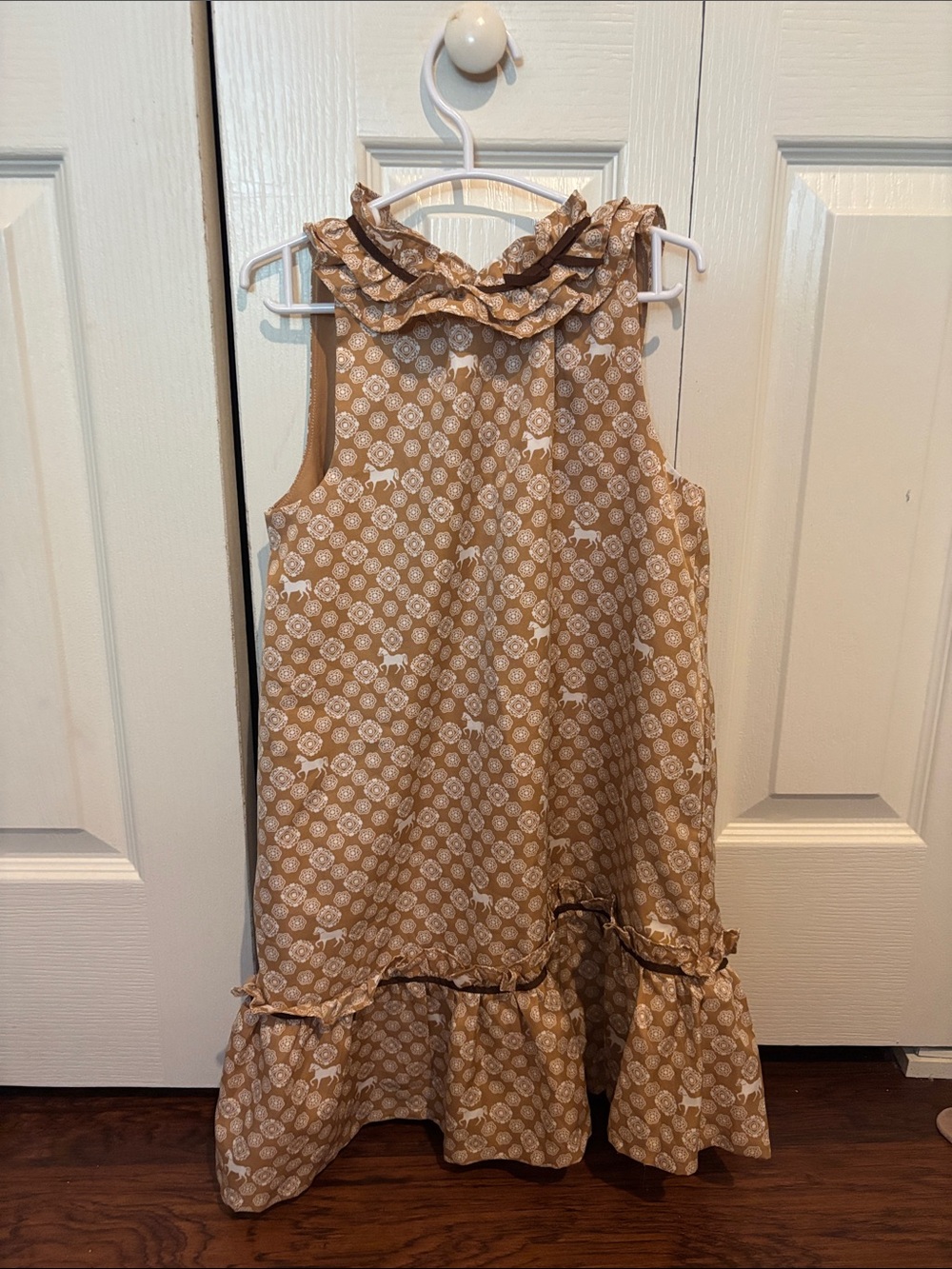 Janie and Jack Tan Sleeveless Ruffle-Hem Dress with White Print